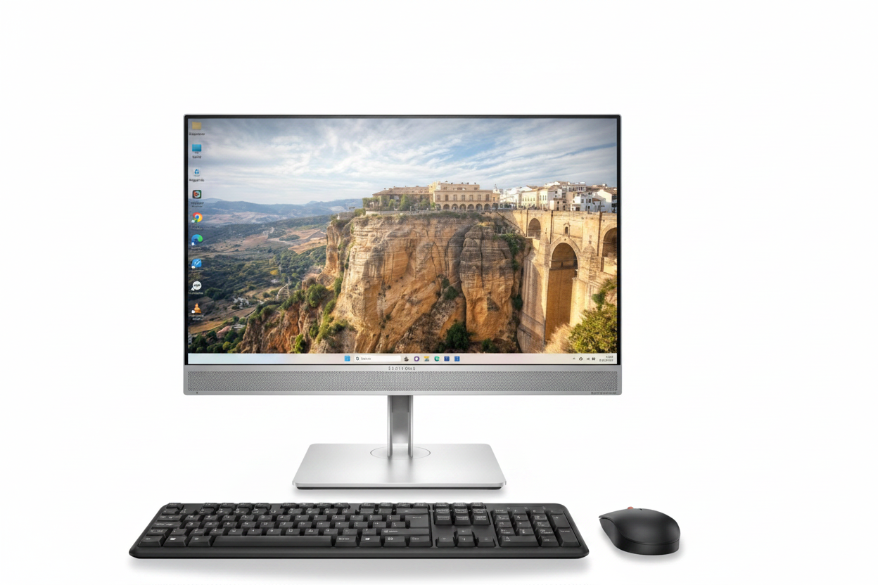 HP EliteOne 800 G5 all-in-one desktop computer with keyboard and mouse white background