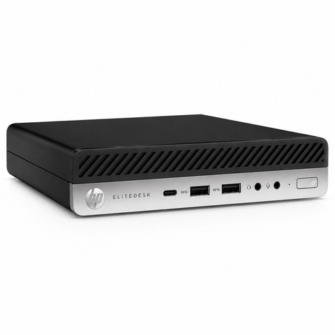 HP EliteDesk Mini PC front angled view showing USB-C USB 3.0 audio ports silver black white background