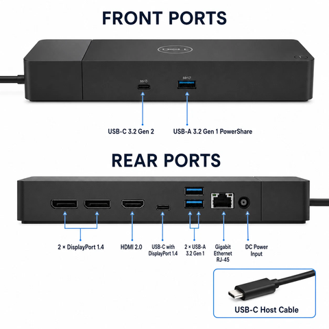 Dell WD19 docking station front and rear ports diagram showing USB-C DisplayPort HDMI Ethernet