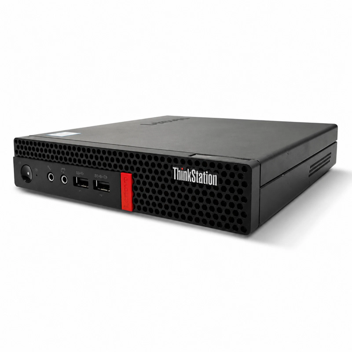 Lenovo ThinkStation P320 Tiny Mini PC black angled view showing front ports white background