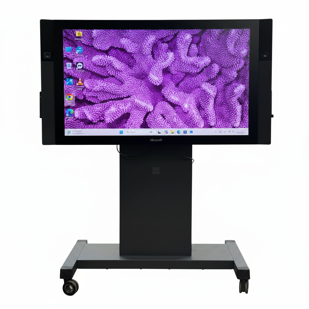 Microsoft Surface Hub 55 inch touchscreen interactive display on stand white background