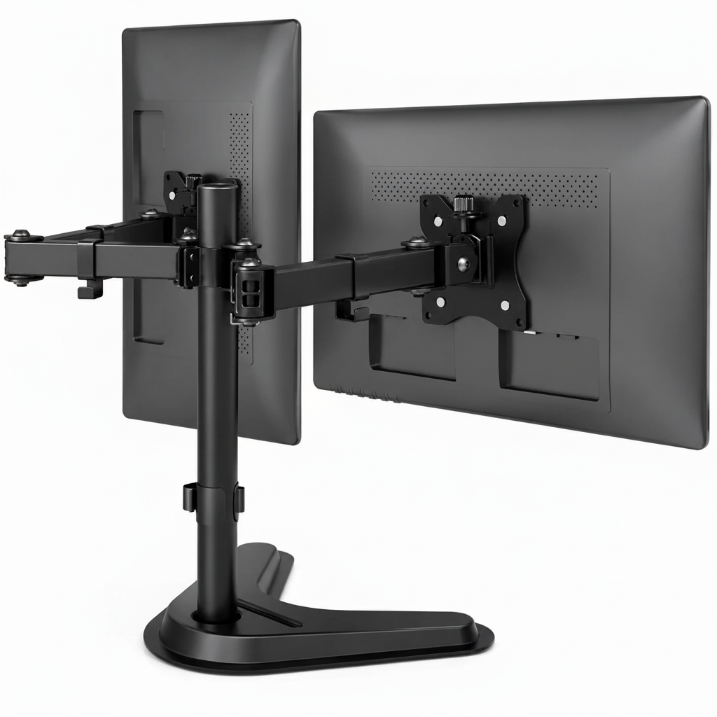 Dual monitor stand rear view white background