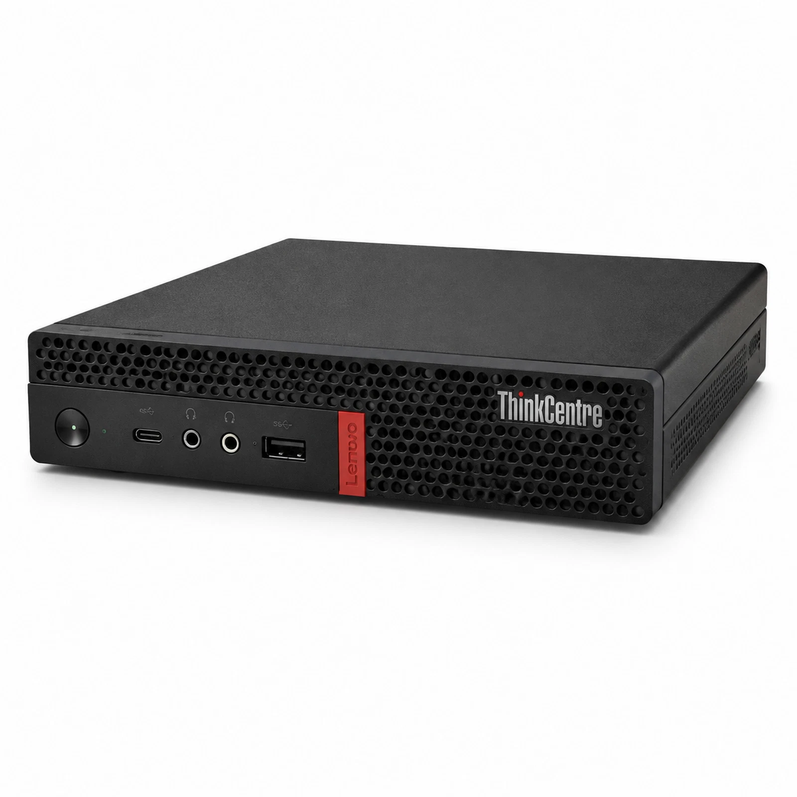 Lenovo ThinkCentre Mini PC front angled view showing USB-C audio jack USB port red Lenovo badge white background