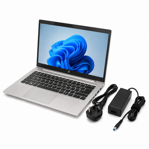 HP ProBook 640 G8 laptop with UK charger and power adapter white background