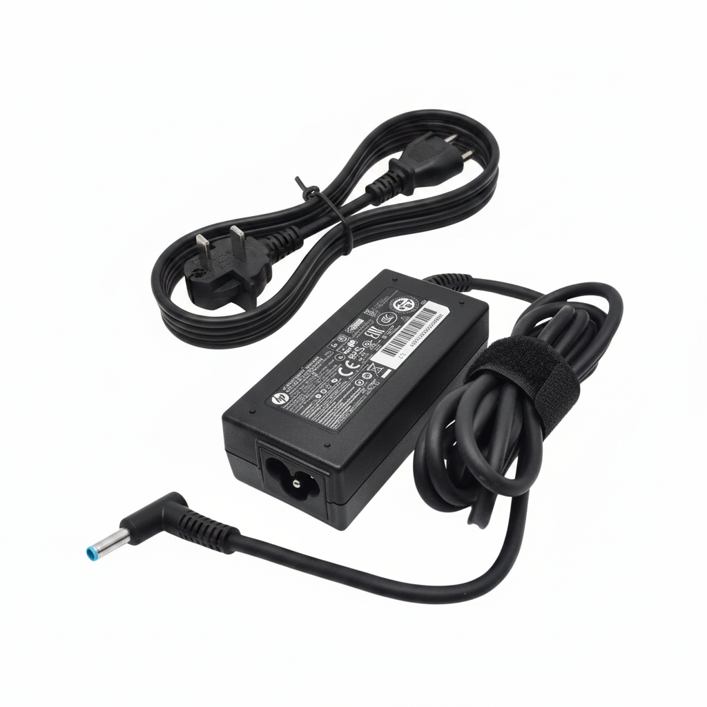 HP 65W blue pin laptop charger power adapter UK cable white background
