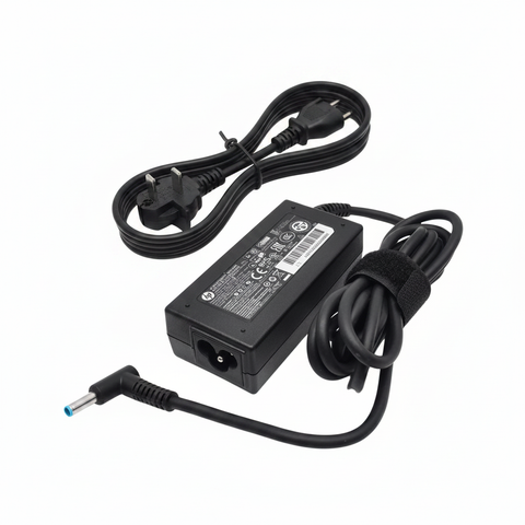 HP 65W blue pin laptop charger power adapter UK cable white background