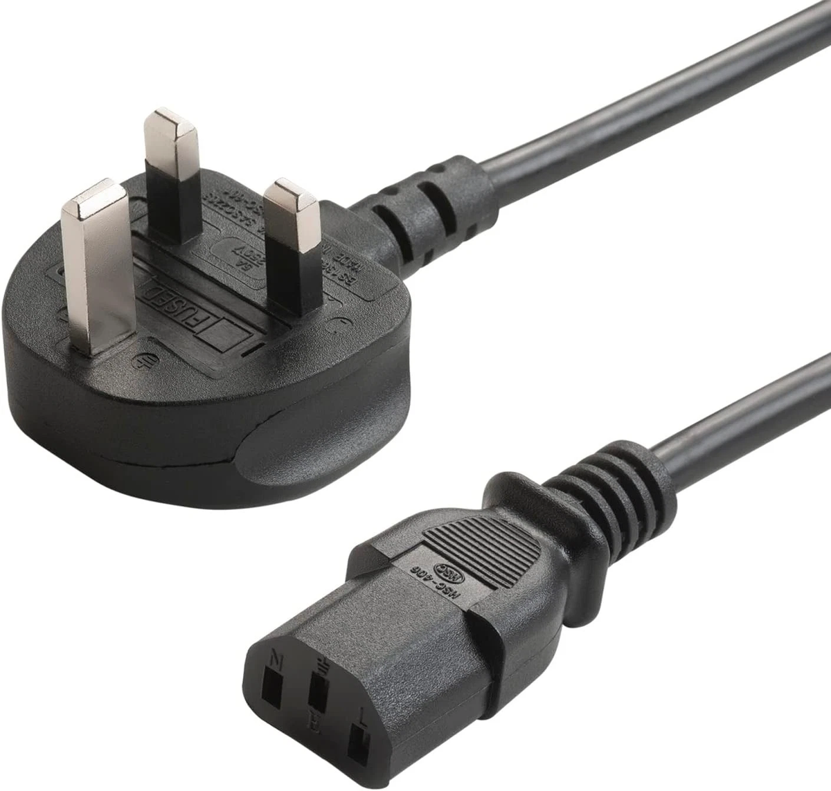 Kettle lead 3 pin UK plug power cable black white background
