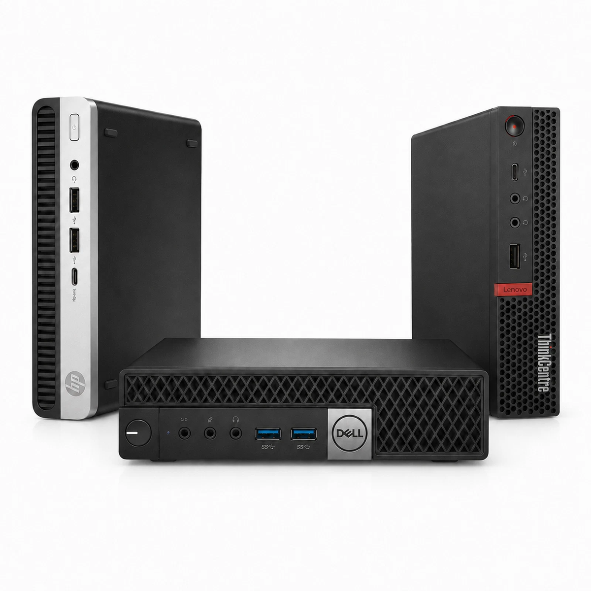 Dell HP Lenovo Mini PC refurbished small form factor desktop computers white background