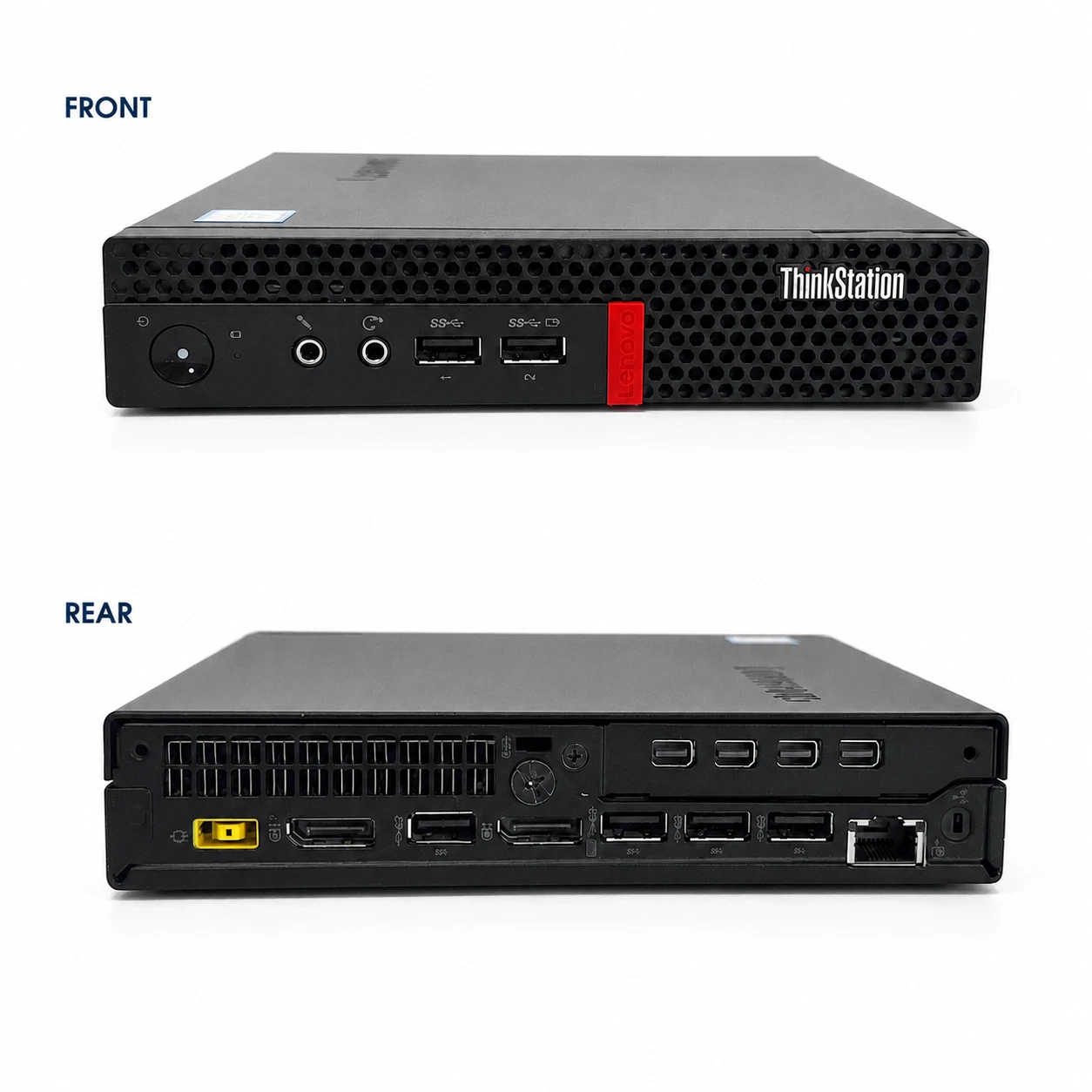Lenovo ThinkStation P320 Tiny front and rear ports diagram showing USB 3.0 DisplayPort Ethernet