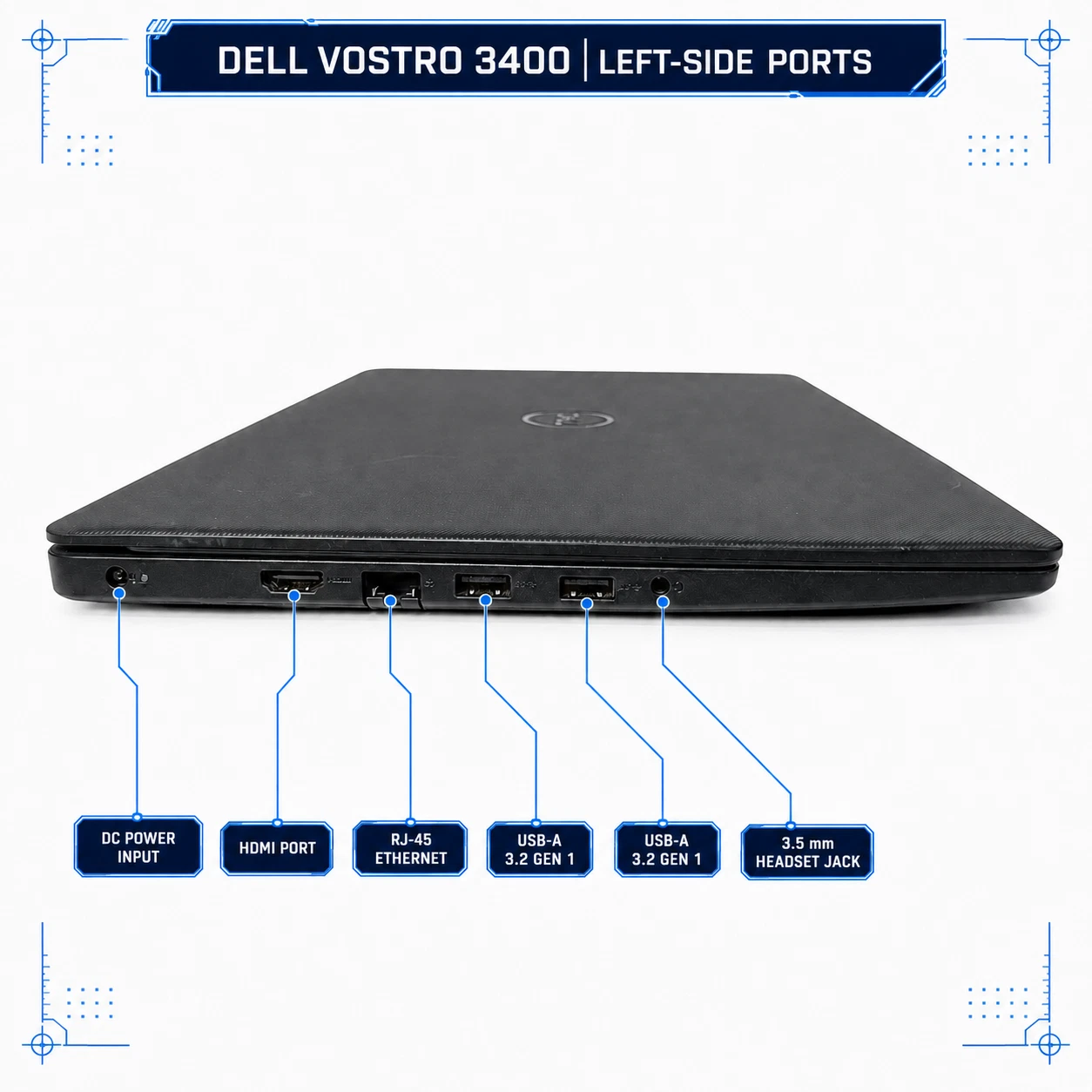 Dell Vostro 3400 left side ports diagram - HDMI, RJ-45 Ethernet, USB-A 3.2, headset jack