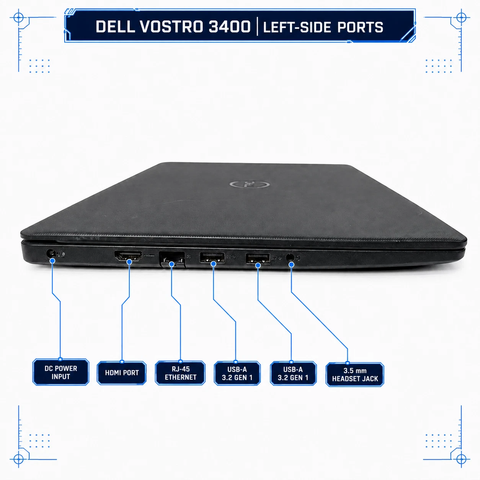 Dell Vostro 3400 left side ports diagram - HDMI, RJ-45 Ethernet, USB-A 3.2, headset jack