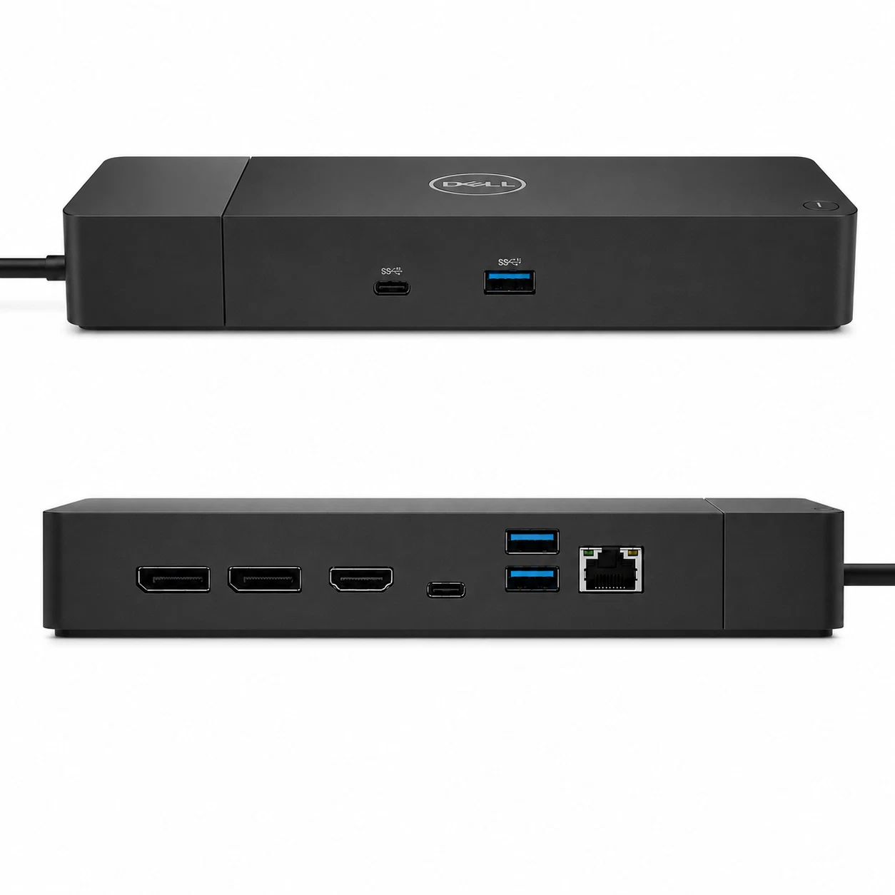 Dell WD19 USB-C docking station front and rear ports view white background
