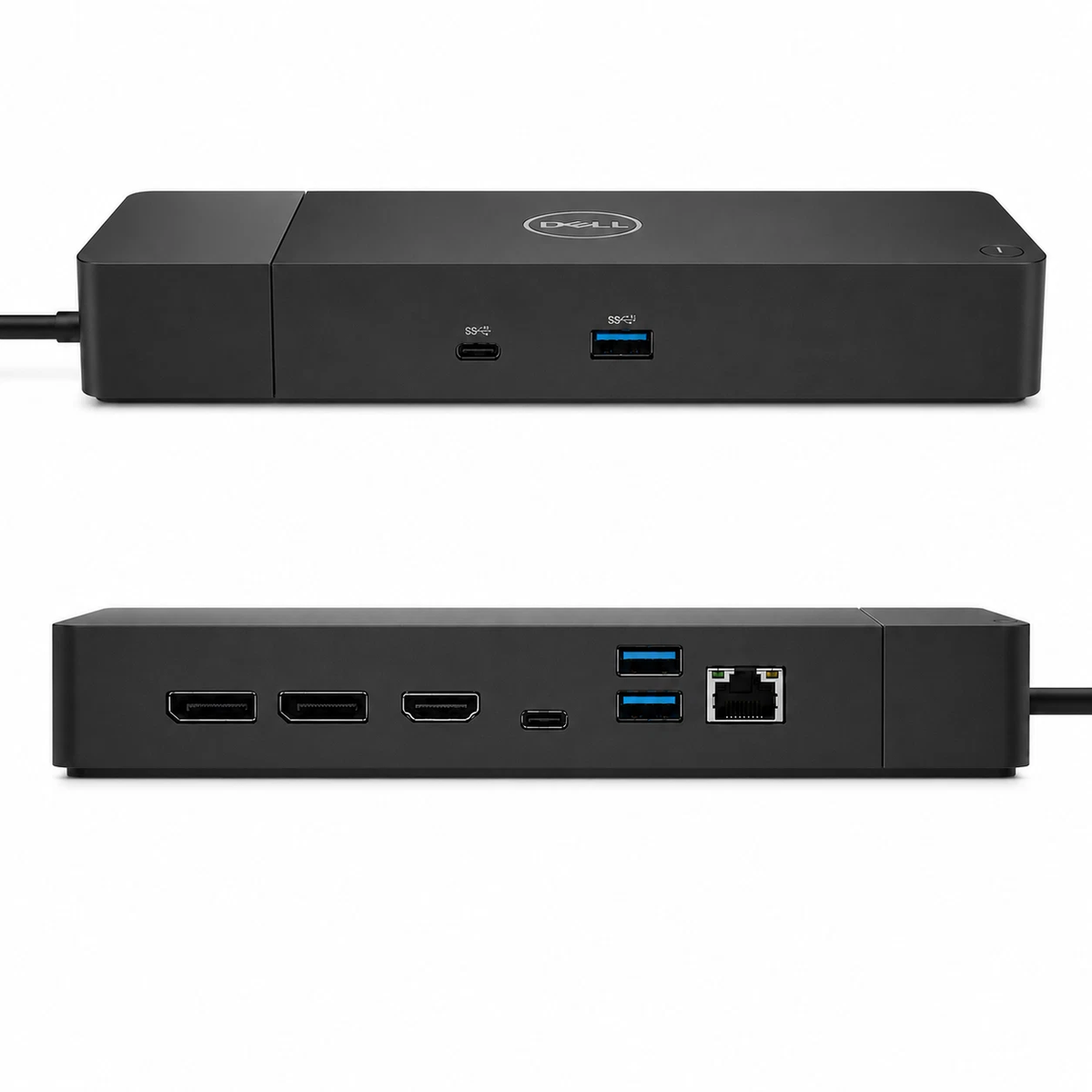 Dell WD19 USB-C docking station front and rear ports view white background