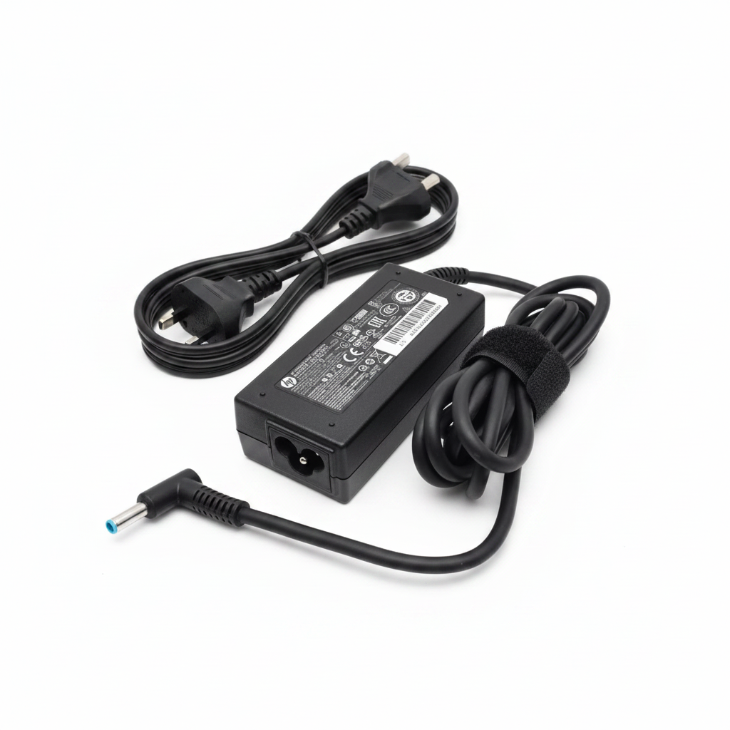 HP 65W blue pin laptop charger adapter with UK power cable white background