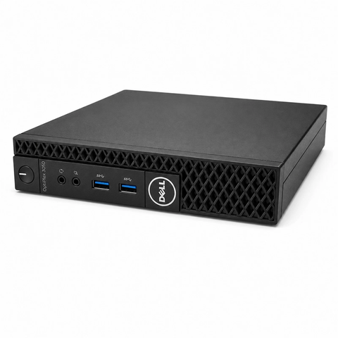 Dell OptiPlex 3050 Micro Mini PC front angled view showing USB 3.0 ports and Dell logo white background