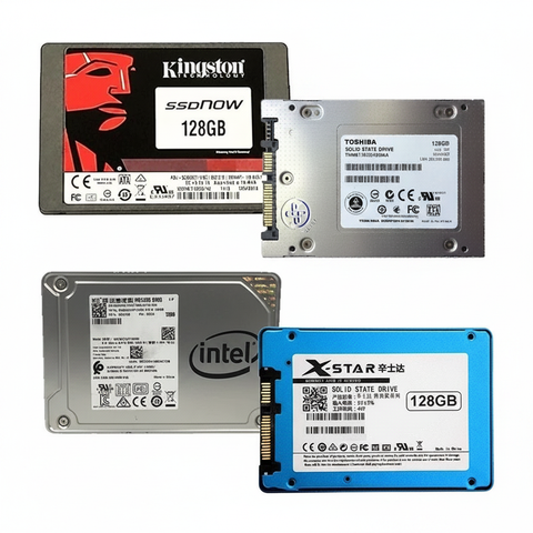Mixed brand 2.5 inch SATA 128GB SSD drives collection white background