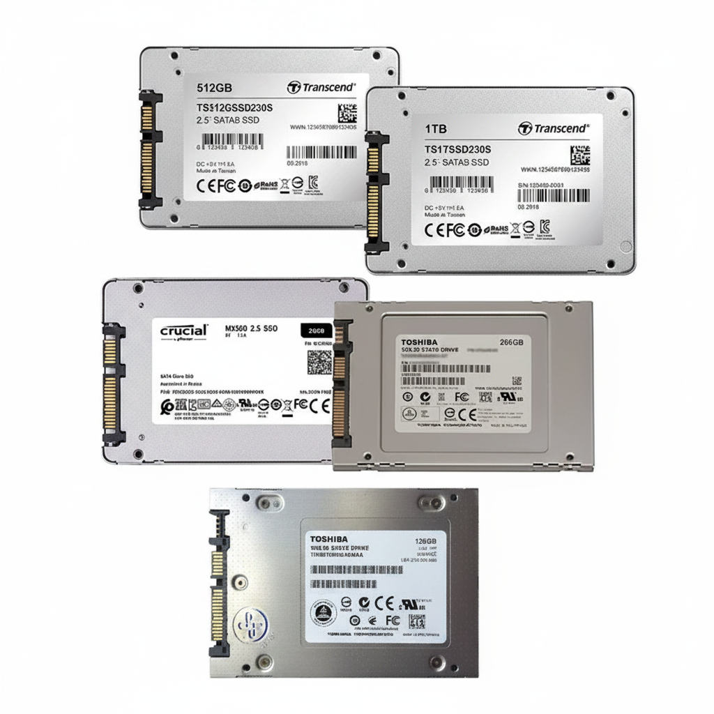 Mixed brand 2.5 inch SATA SSD drives collection white background
