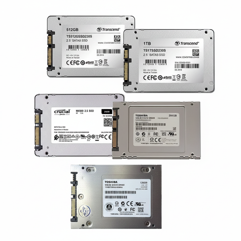 Mixed brand 2.5 inch SATA SSD drives collection white background