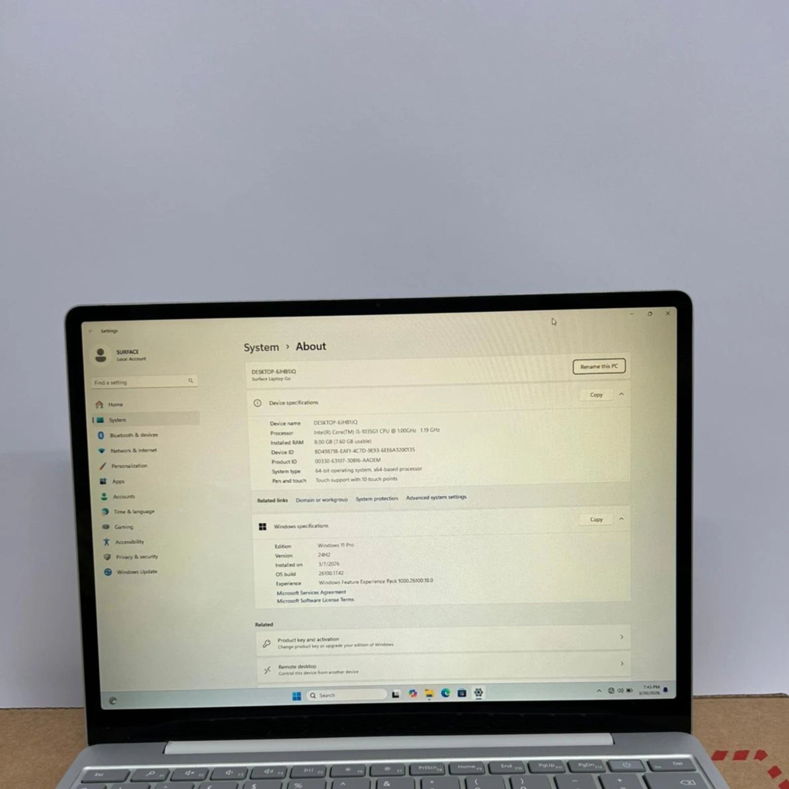 Microsoft Surface Laptop Go 1943 i5 10th Gen 8GB RAM 256GB SSD 12.4" Touchscreen Win 11 Pro