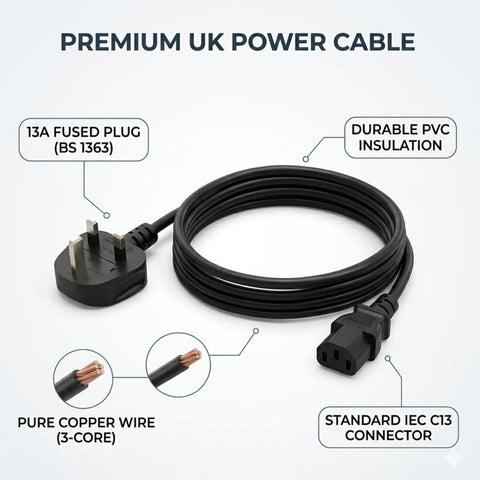 UK Plug to IEC C13 Power Cable PC Monitor Kettle Lead Black 13A